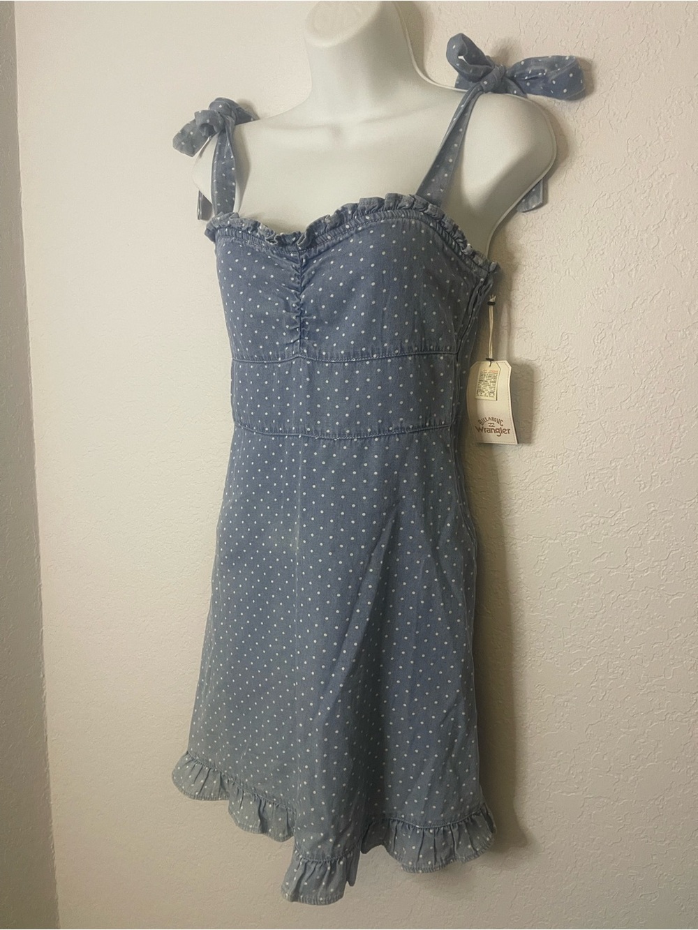 Wrangler Billabong Colab 100% Cotton Blue Polka Dot Tie-Shoulder Mini Dress